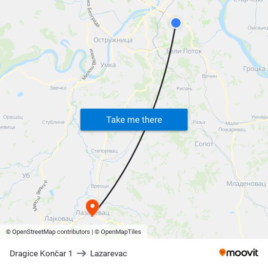 Dragice Končar 1 to Lazarevac map