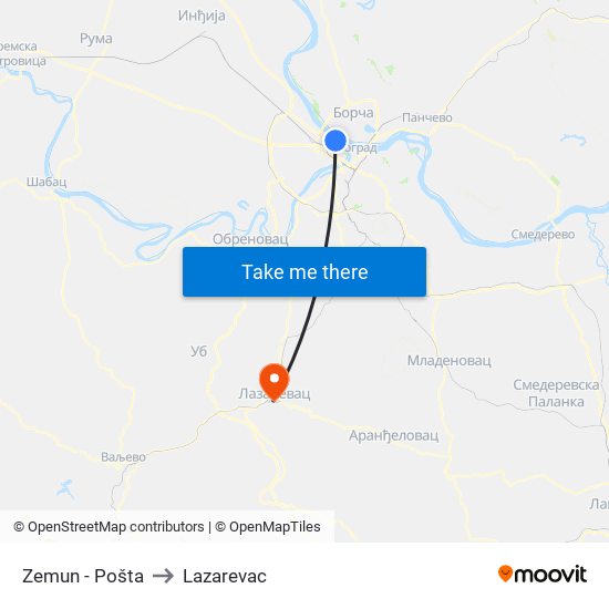 Zemun - Pošta to Lazarevac map