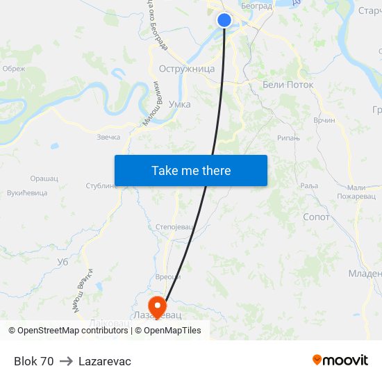 Blok 70 to Lazarevac map