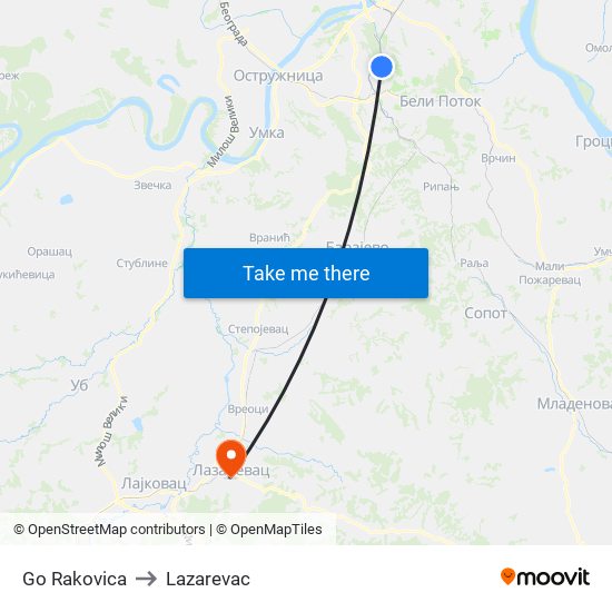 Go Rakovica to Lazarevac map