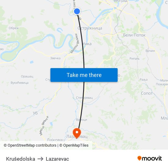 Krušedolska to Lazarevac map