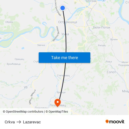 Crkva to Lazarevac map