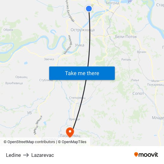 Ledine to Lazarevac map