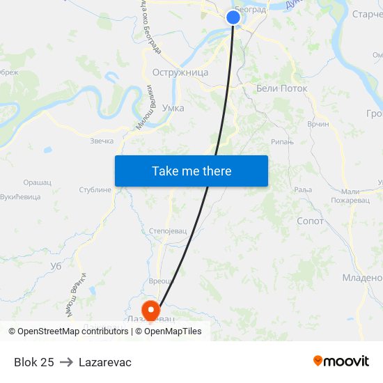 Blok 25 to Lazarevac map