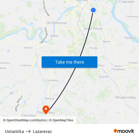 Ustanička to Lazarevac map