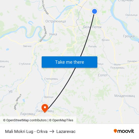 Mali Mokri Lug - Crkva to Lazarevac map