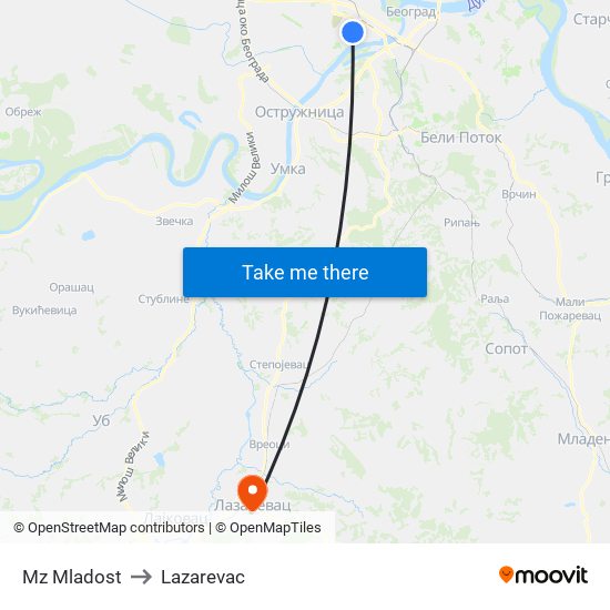 Mz Mladost to Lazarevac map