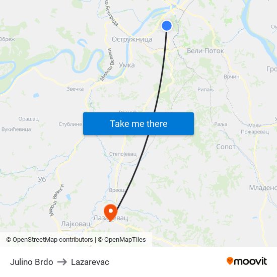 Julino Brdo to Lazarevac map