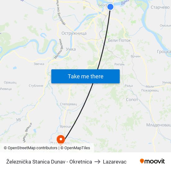 Železnička Stanica Dunav - Okretnica to Lazarevac map