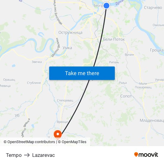 Tempo to Lazarevac map