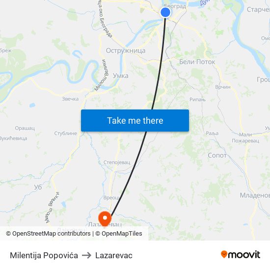 Milentija Popovića to Lazarevac map