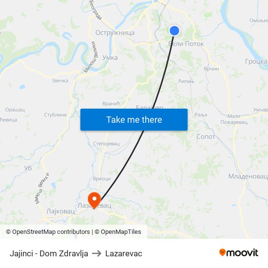 Jajinci - Dom Zdravlja to Lazarevac map