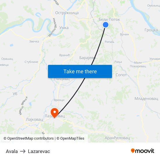 Avala to Lazarevac map