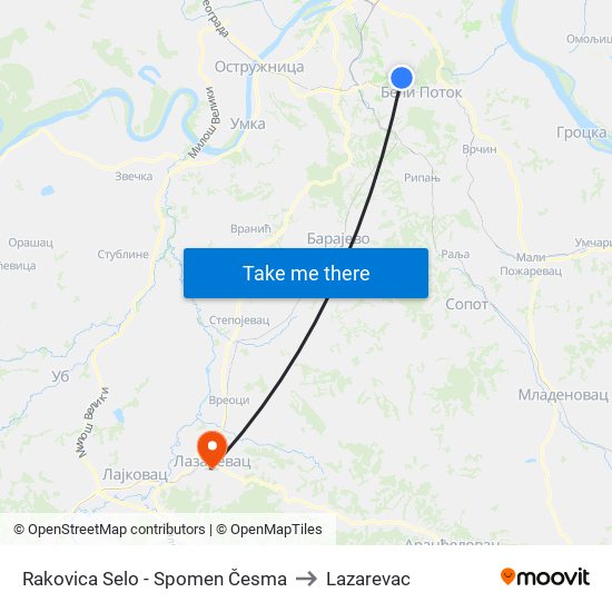Rakovica Selo - Spomen Česma to Lazarevac map