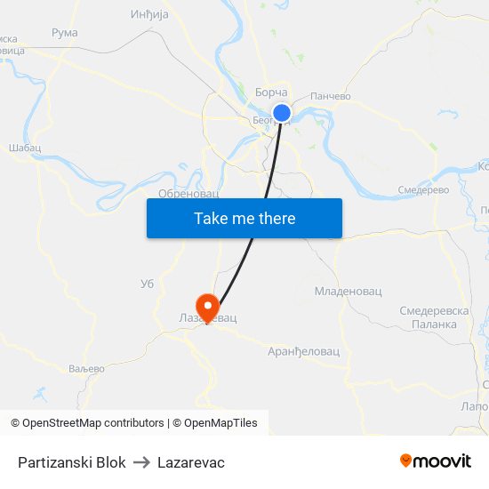 Partizanski Blok to Lazarevac map