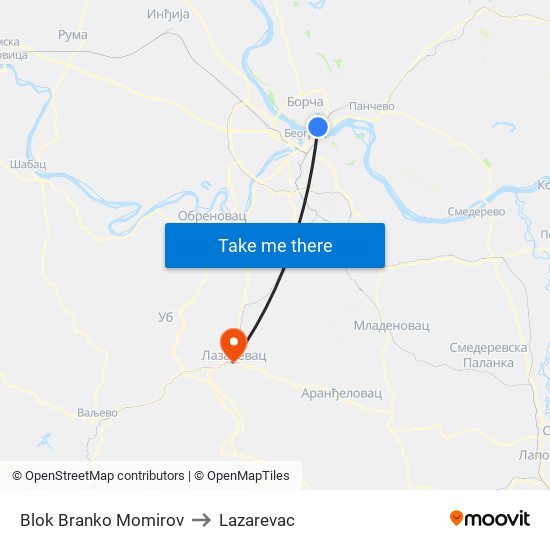 Blok Branko Momirov to Lazarevac map