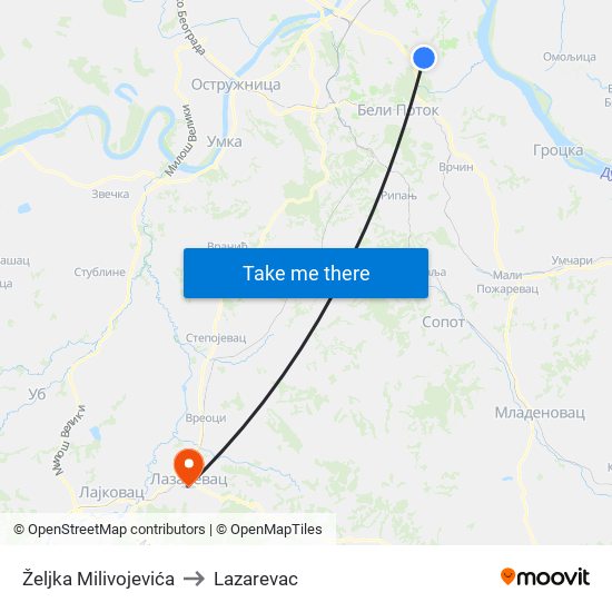 Željka Milivojevića to Lazarevac map