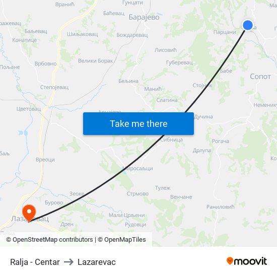 Ralja - Centar to Lazarevac map