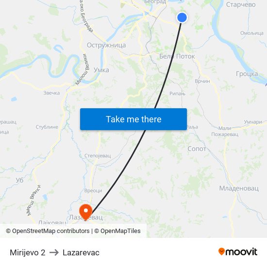Mirijevo 2 to Lazarevac map