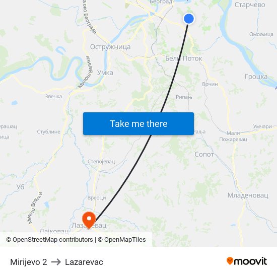 Mirijevo 2 to Lazarevac map