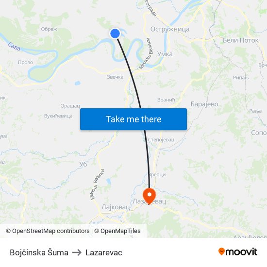 Bojčinska Šuma to Lazarevac map