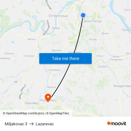 Miljakovac 3 to Lazarevac map