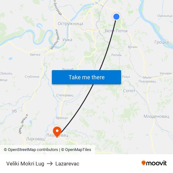 Veliki Mokri Lug to Lazarevac map