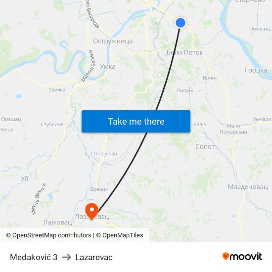 Medaković 3 to Lazarevac map