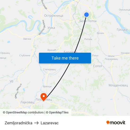 Zemljoradnička to Lazarevac map