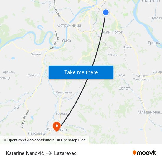 Katarine Ivanović to Lazarevac map