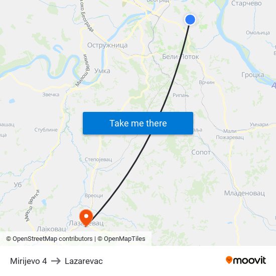 Mirijevo 4 to Lazarevac map