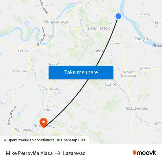 Mike Petrovića Alasa to Lazarevac map