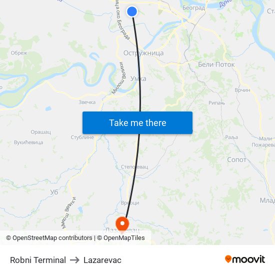 Robni Terminal to Lazarevac map