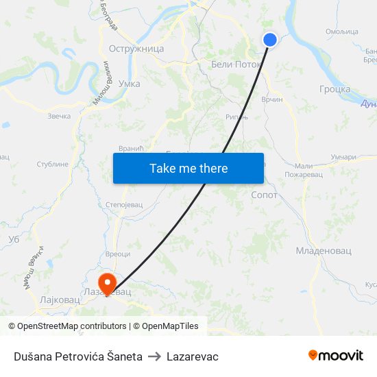 Dušana Petrovića Šaneta to Lazarevac map