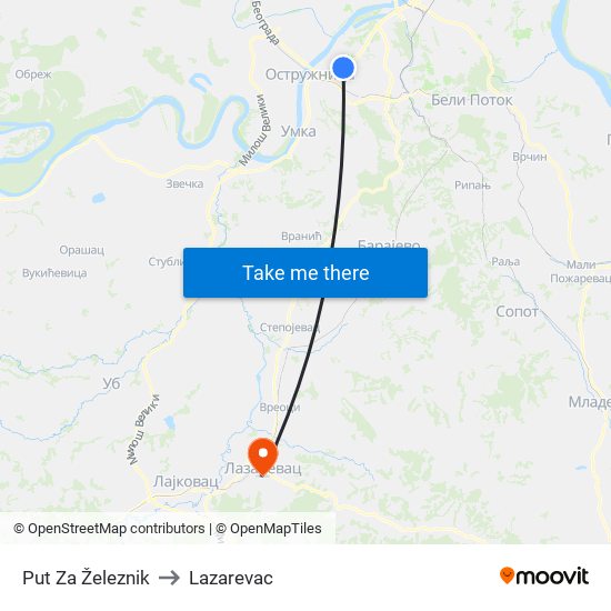 Put Za Železnik to Lazarevac map