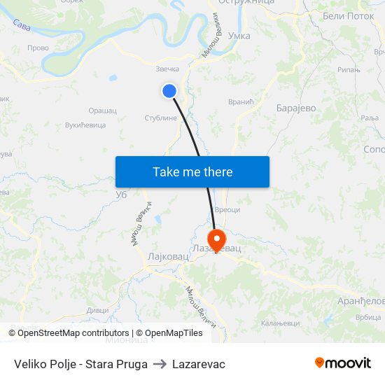 Veliko Polje - Stara Pruga to Lazarevac map