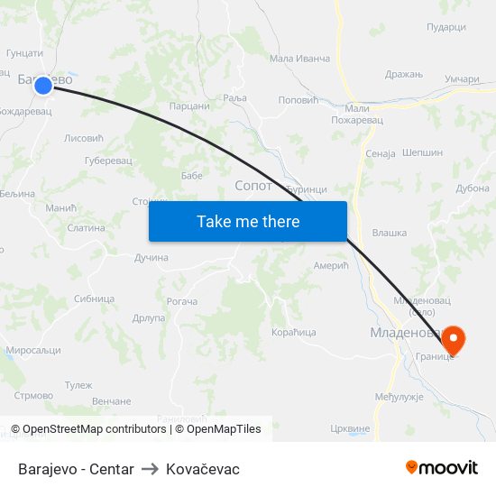 Barajevo - Centar to Kovačevac map