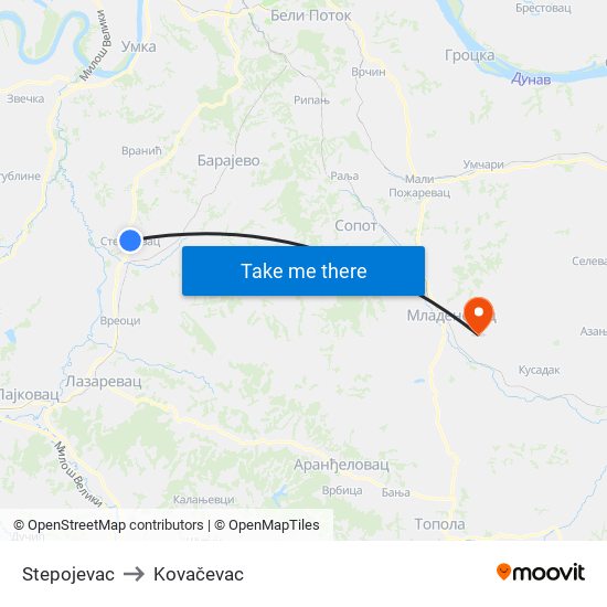 Stepojevac to Kovačevac map