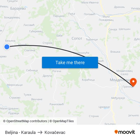 Beljina - Karaula to Kovačevac map
