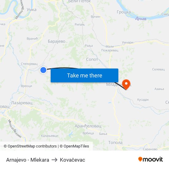 Аrnajevo - Mlekara to Kovačevac map