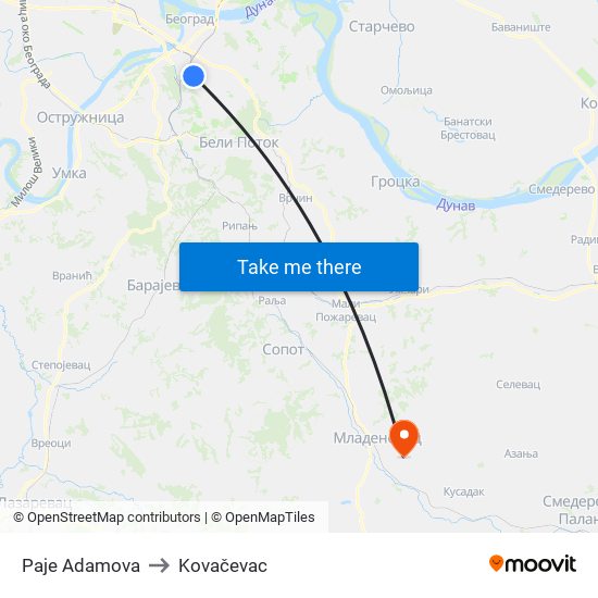 Paje Adamova to Kovačevac map