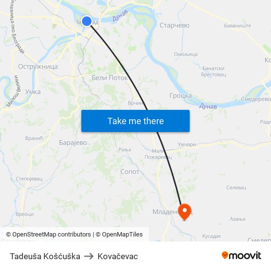 Tadeuša Košćuška to Kovačevac map