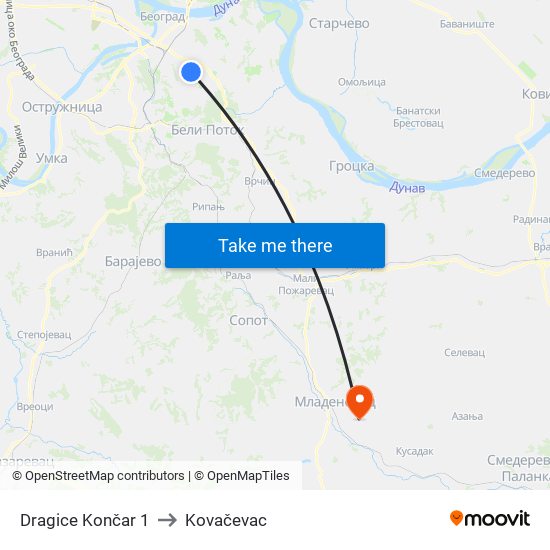 Dragice Končar 1 to Kovačevac map