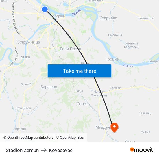 Stadion Zemun to Kovačevac map