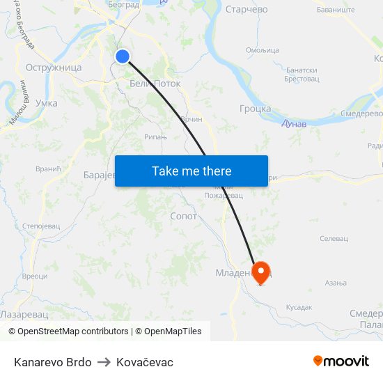 Kanarevo Brdo to Kovačevac map