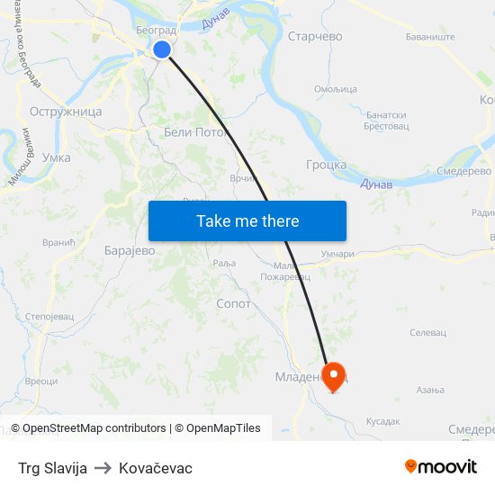 Trg Slavija to Kovačevac map