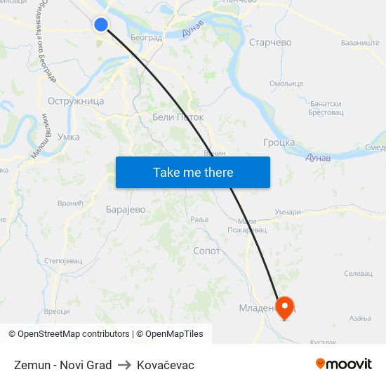 Zemun - Novi Grad to Kovačevac map