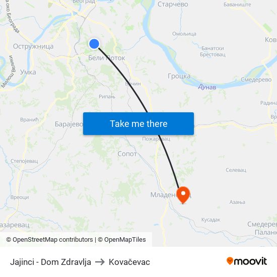 Jajinci - Dom Zdravlja to Kovačevac map