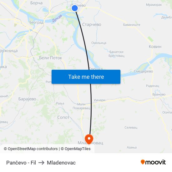 Pančevo - Fil to Mladenovac map