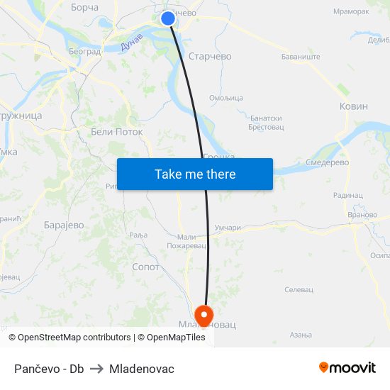 Pančevo - Db to Mladenovac map